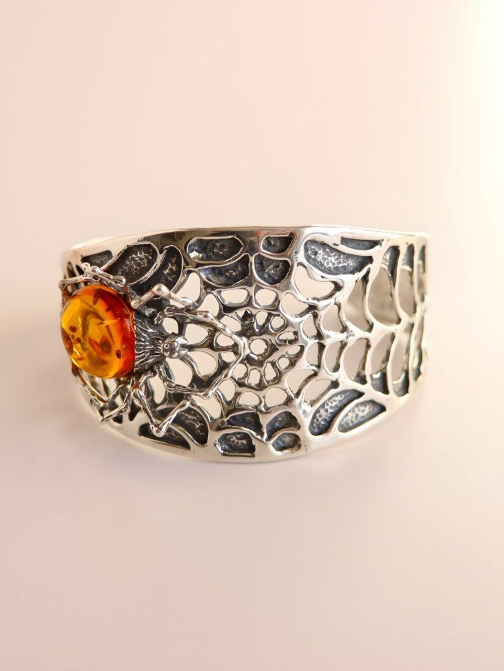 Baltic Amber Cuff Bracelet- Sterling Silver Spiderweb Design